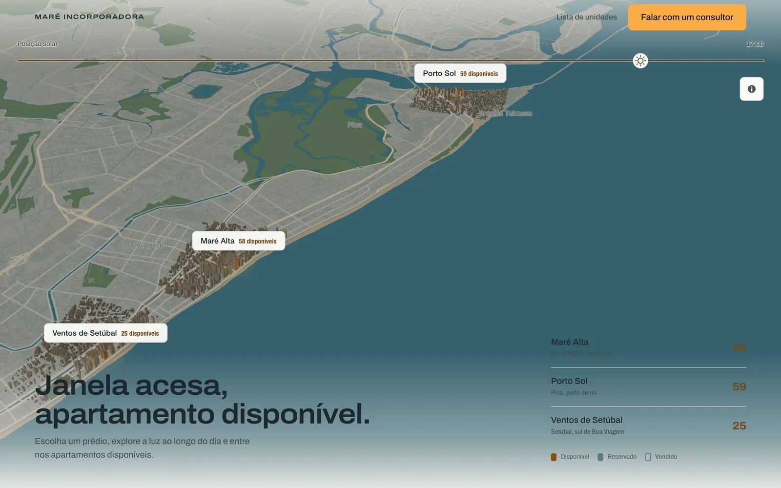 A 3D map of the Recife coast at 17:00 with labels on three fictional towers (Porto Sol, 59 available; Maré Alta, 58; Ventos de Setúbal, 25), the solar slider across the top and the headline “Janela acesa, apartamento disponível.”