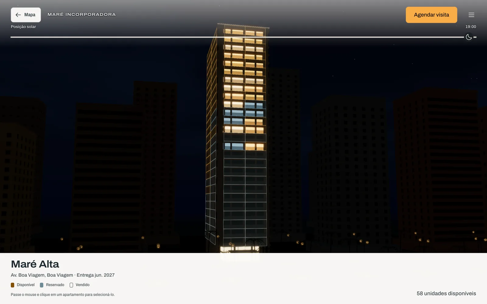 The Maré Alta tower at 19:00 against a night sky with stars. Available apartments glow warm amber, a few reserved ones glow pale blue and the sold ones are dark. Below the scene: the building name, its address, the delivery date, a legend and the count of 58 available units.