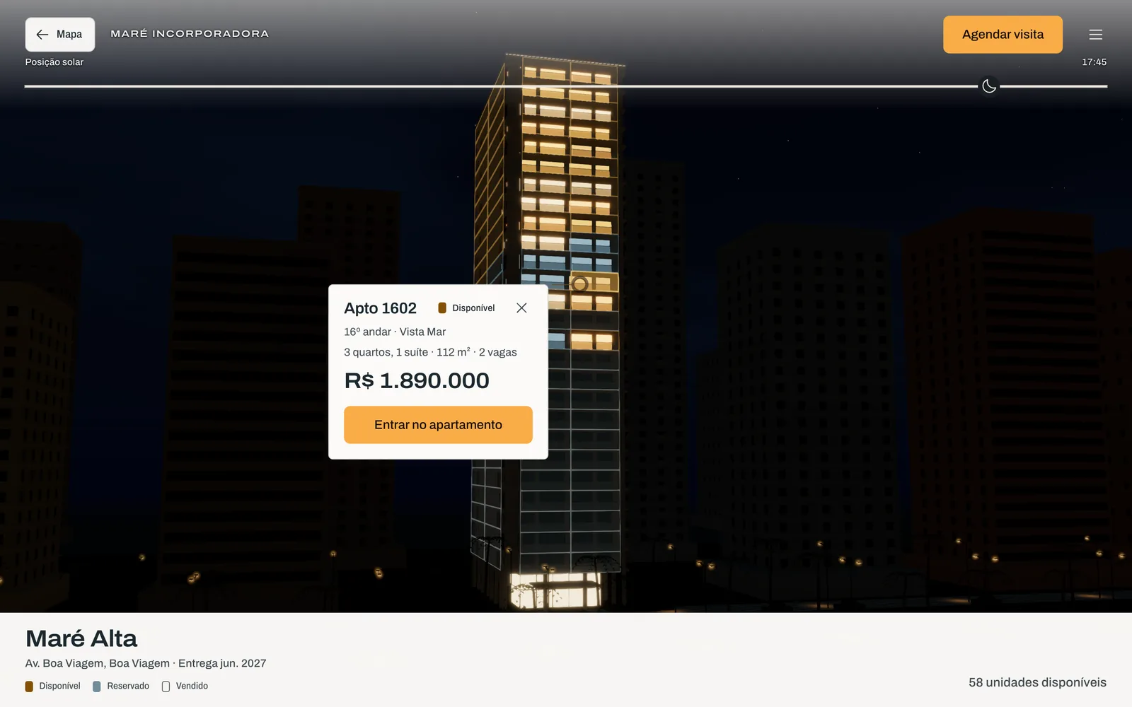 Apartment 1602 of Maré Alta selected on the facade at 17:45. A card shows the 16th floor, sea view, three bedrooms, 112 m², two parking spaces, R$ 1.890.000 and the button “Entrar no apartamento”.