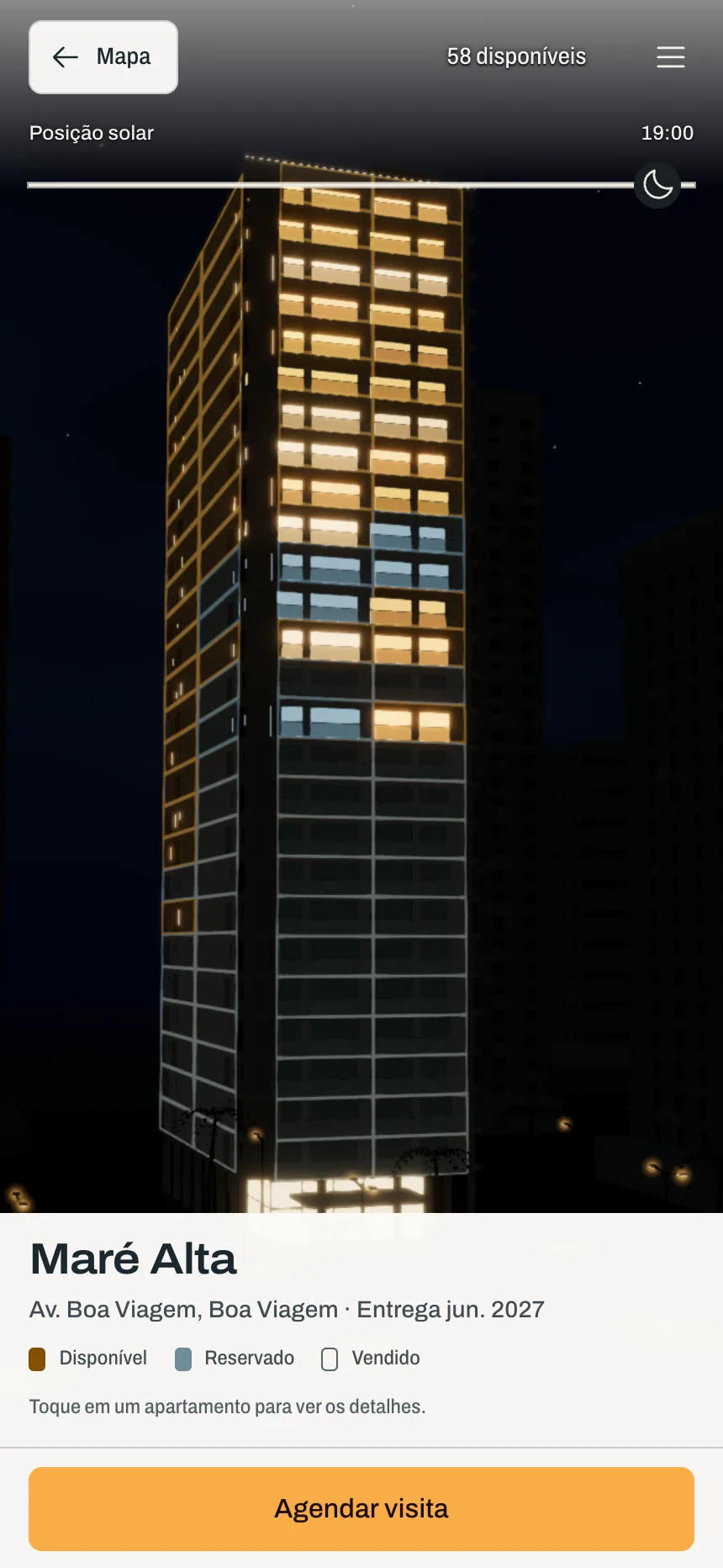 Phone-width view of the Maré Alta facade at 19:00, with lit and dark windows, the legend below and an “Agendar visita” button across the bottom.