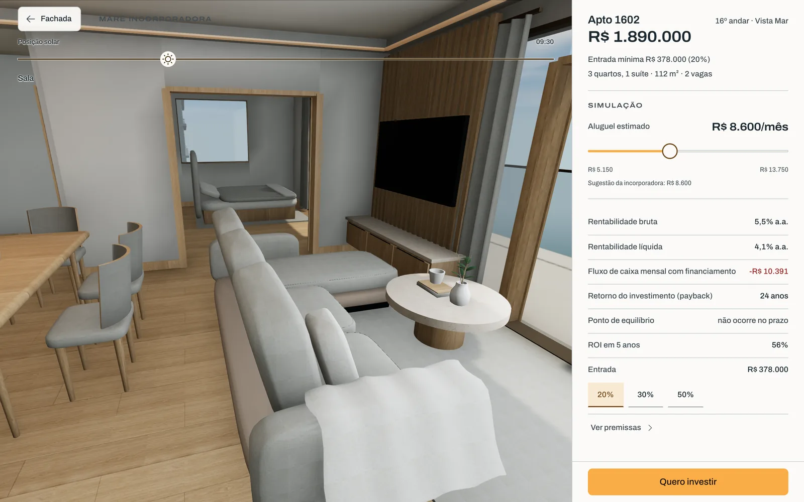 The living room of apartment 1602 at 09:30, with a sofa, a dining table and a wood-panelled wall. The side panel shows R$ 1.890.000, a rent slider at R$ 8.600 a month, gross yield 5,5%, net yield 4,1%, a negative monthly cash flow with financing, payback in 24 years and no break-even within the loan term.