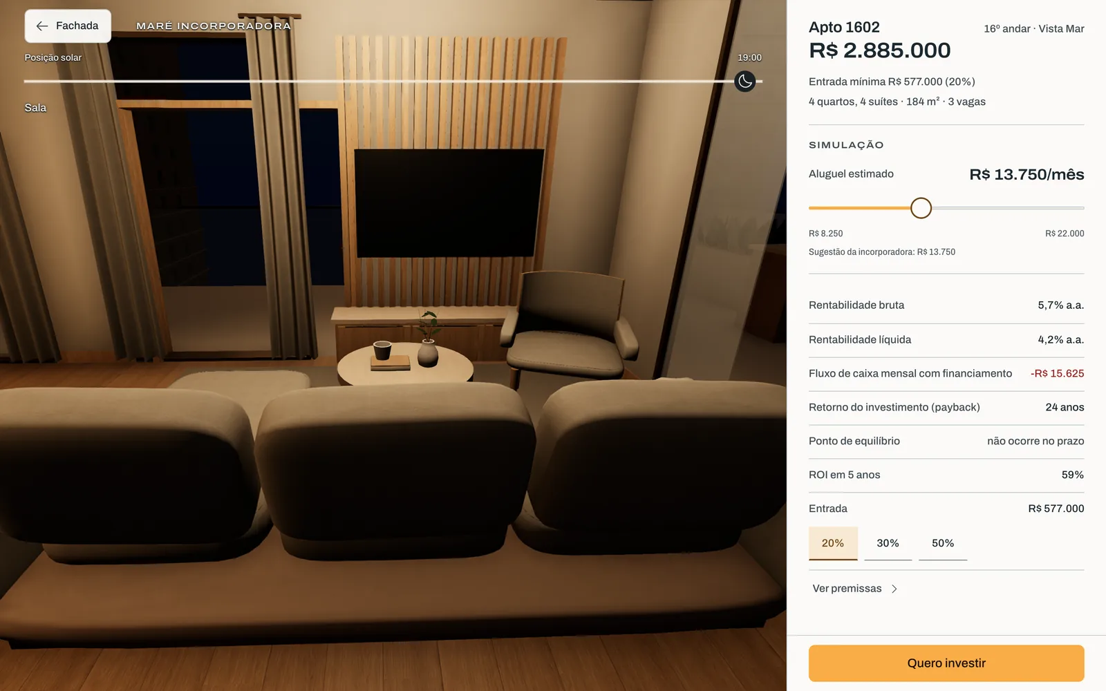 The living room of a 184 m² apartment in Ventos de Setúbal at 19:00, lit by warm lamps, with dark windows behind slatted wood and curtains. The side panel shows R$ 2.885.000 and a rent of R$ 13.750 a month.