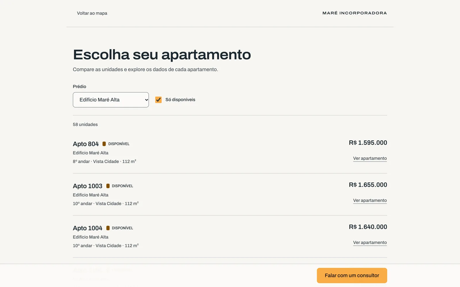 The page “Escolha seu apartamento” filtered to Edifício Maré Alta and available units only: 58 units, each with its number, floor, view, area, price and a “Ver apartamento” link.