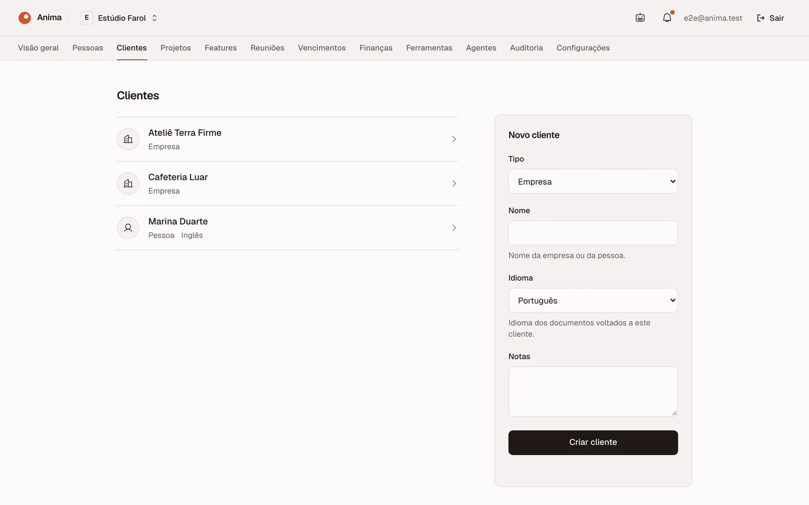 The Clients tab of a workspace called Estúdio Farol: a list with Ateliê Terra Firme, Cafeteria Luar and Marina Duarte on the left, and a New client form with type, name, language and notes on the right.