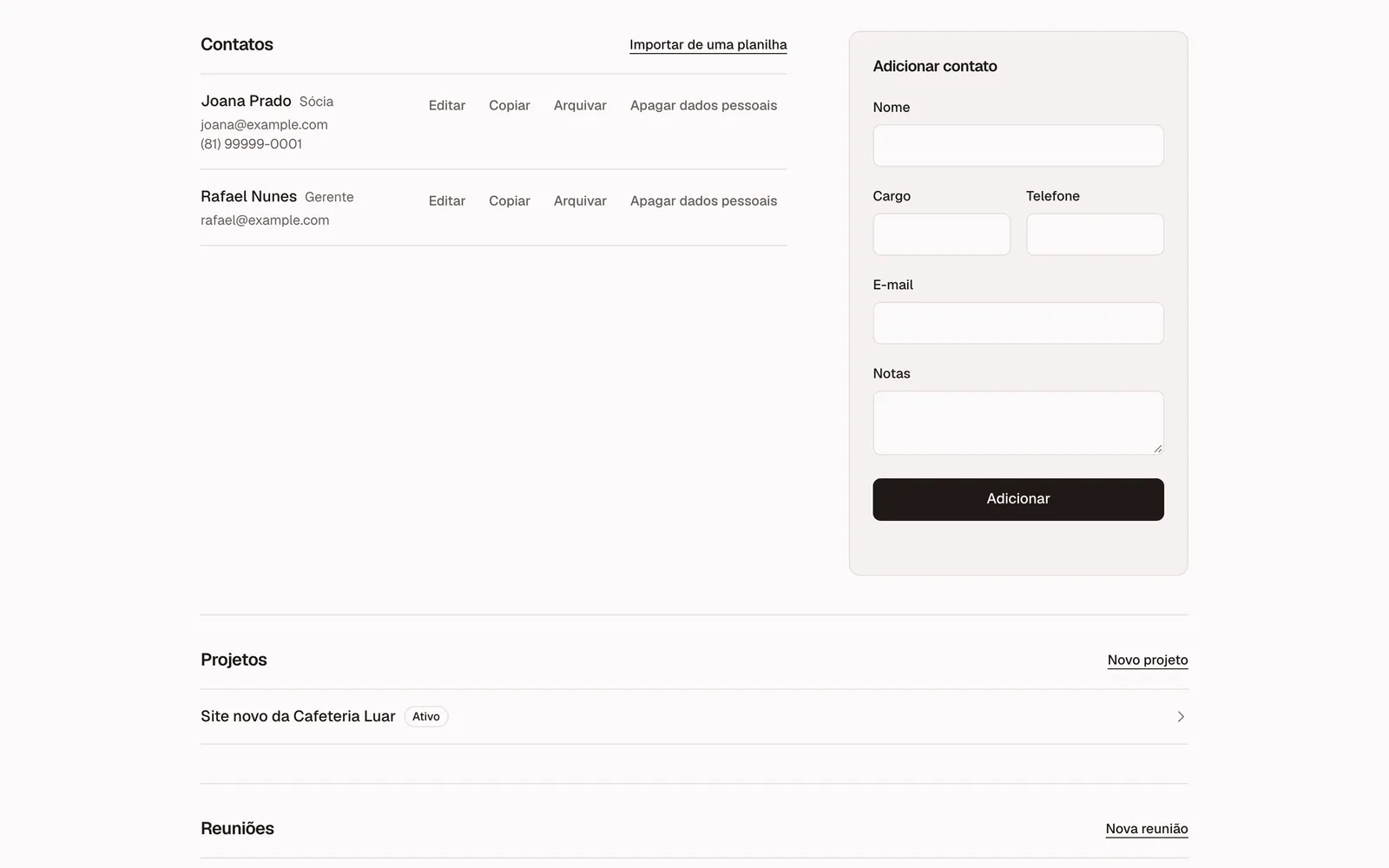 A client’s contacts: two people with role, email and phone, each with Edit, Copy, Archive and Delete personal data actions, next to an Add contact form; below, the client’s projects and meetings.