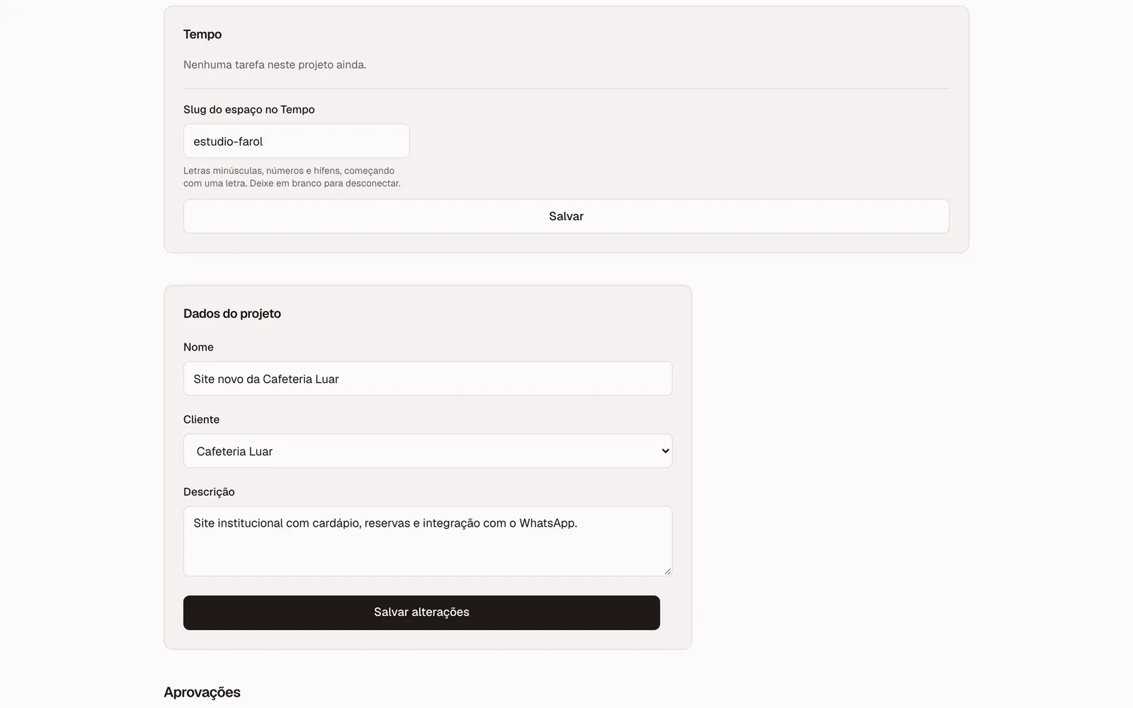 A project page: the Tempo panel reporting no tasks yet and the workspace’s Tempo slug, the project’s own data form, and the start of the Approvals section.