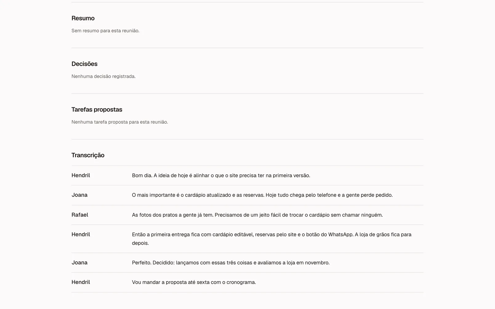 A meeting page with empty Summary, Decisions and Proposed tasks sections, followed by the transcript as a table of speaker and sentence.