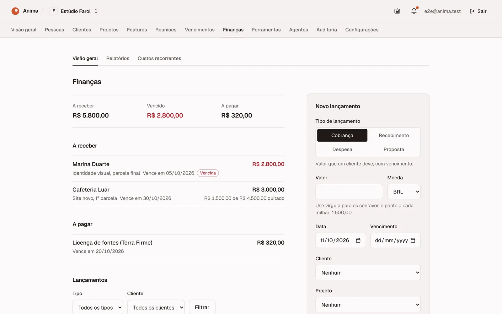The Finance tab: receivable, overdue and payable totals, a list of what each client still owes with one overdue item in red, a bill to pay, and a New entry form with the types invoice, receipt, expense and proposal.