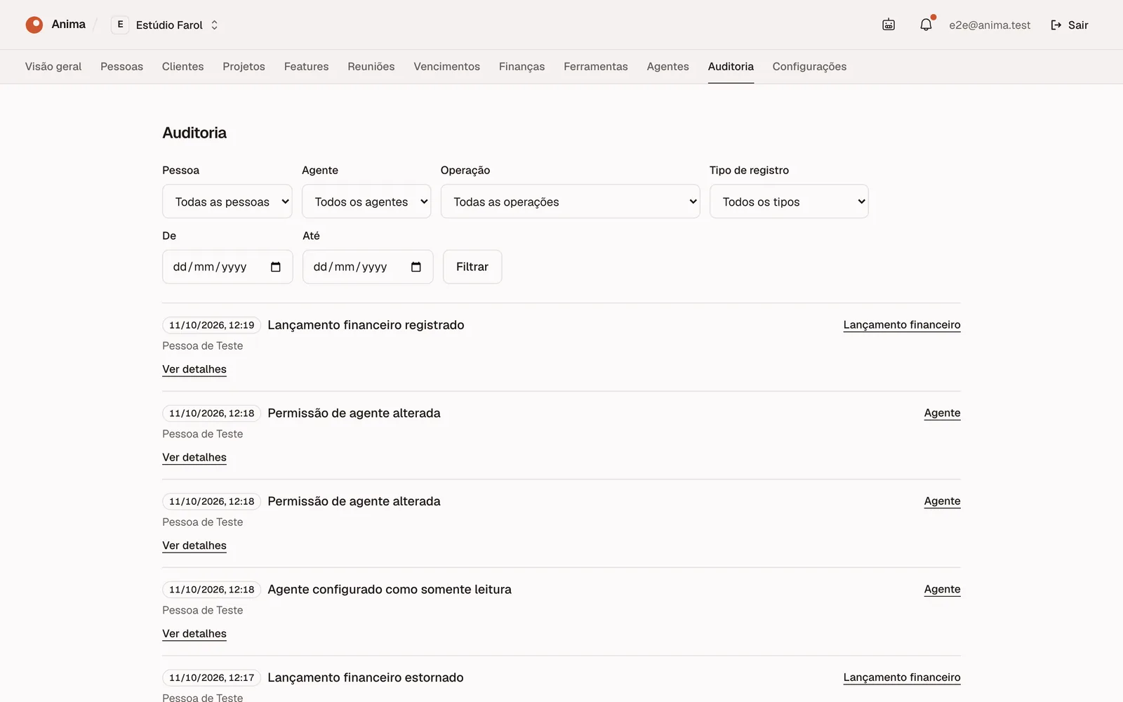 The Audit tab of a workspace: filters by person, agent, operation, record type and date, then a list of dated entries such as financial entry recorded, agent permission changed and financial entry reversed.