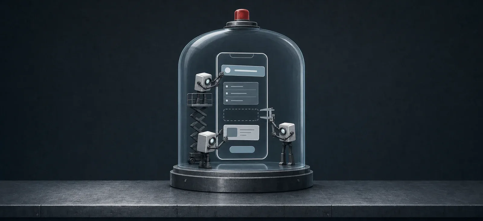 Flat illustration of a single glass bell jar on a dark bench: inside, three small boxy agent figures assemble an app in mid-air, fitting interface screens and blocks into a phone-shaped frame, one on a scissor lift, one with a caliper; a red lamp on top of the jar, off; nothing else around.