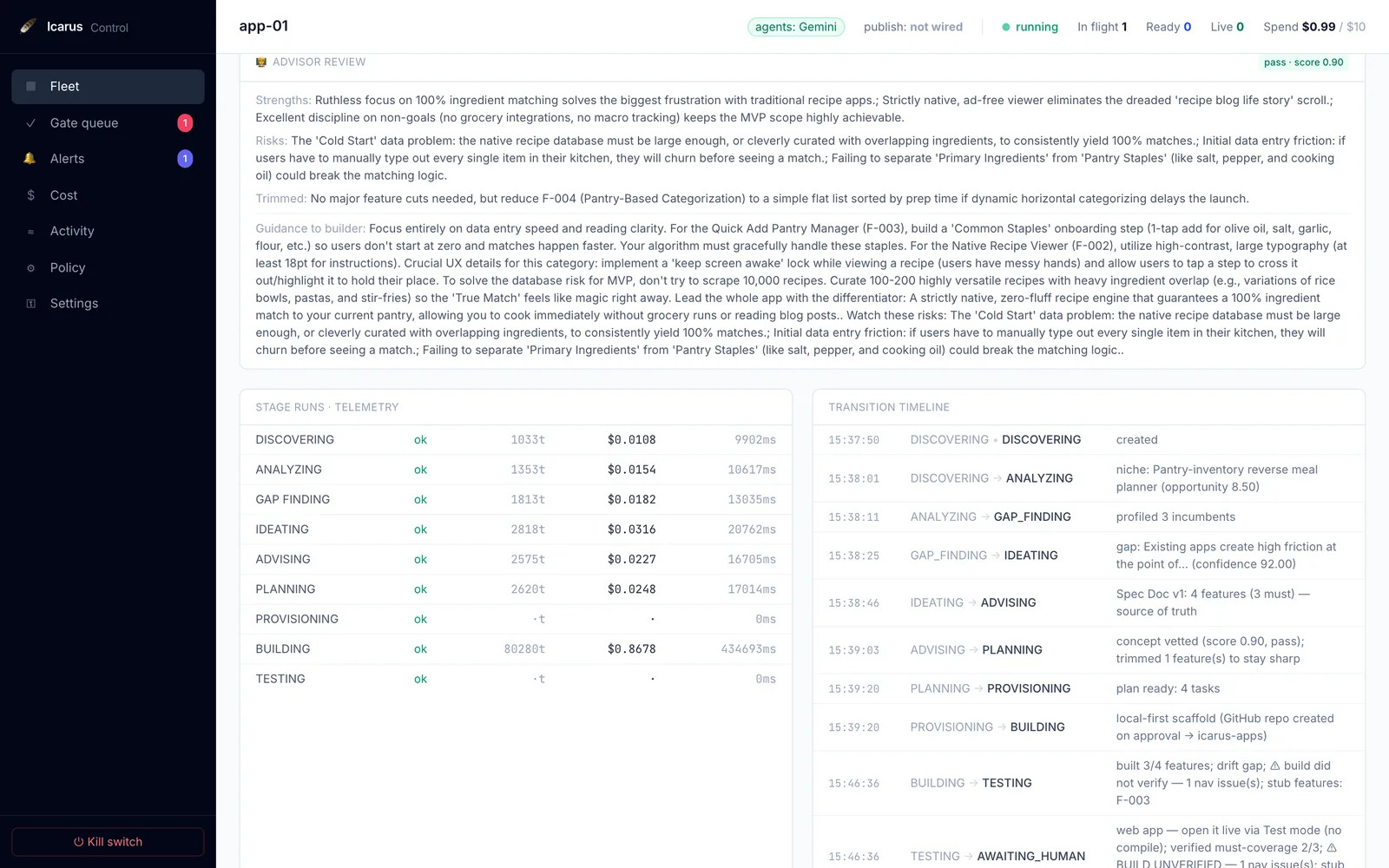 Lower part of the same app page: the advisor’s strengths, risks and guidance to the builder with a pass verdict, a table of every stage with its result, cost and time, and a timeline of transitions from discovery to awaiting human.