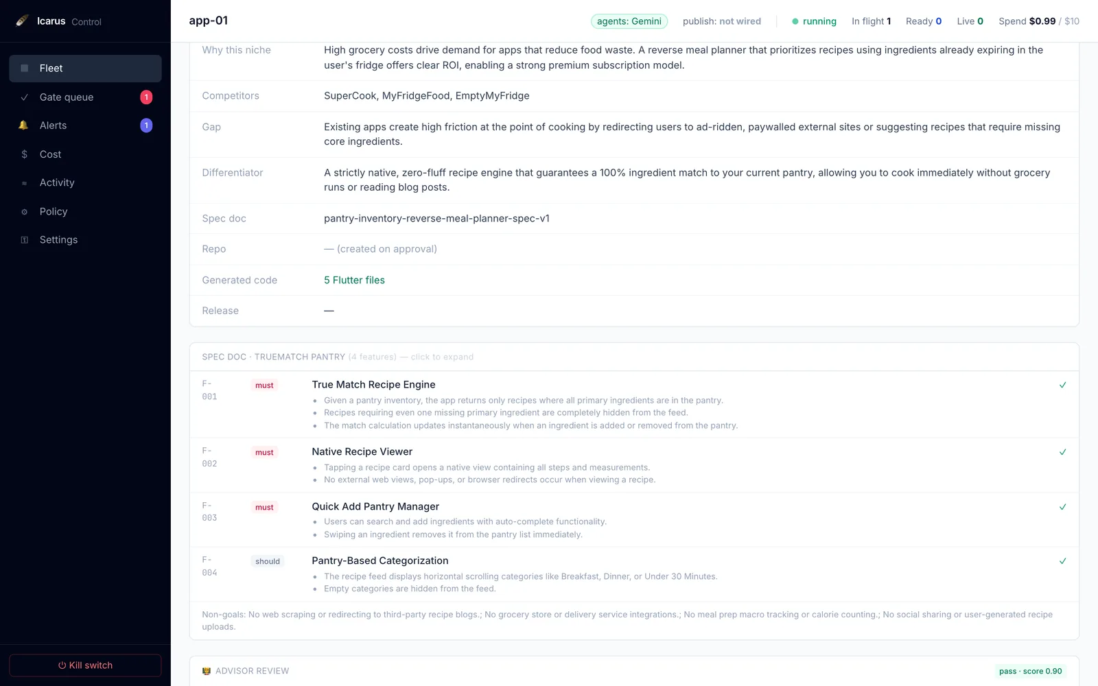 The Icarus console on one app called TrueMatch Pantry: rows for why this niche, the competitors, the gap, the differentiator and the spec name, then the spec’s four features with must and should priorities, their acceptance criteria and the non-goals.