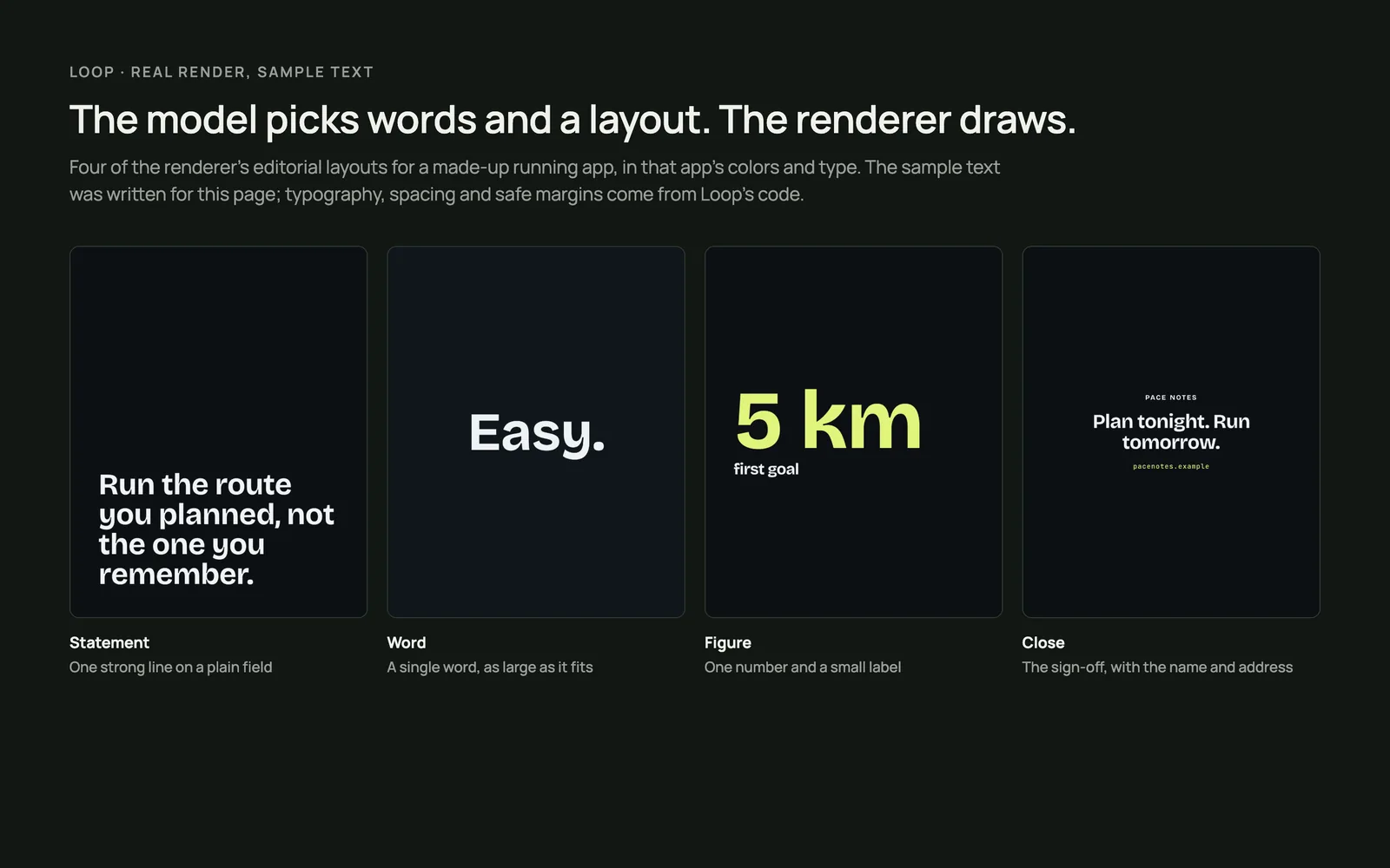 Quatro slides verticais escuros para um app de corrida inventado: um slide com uma frase longa, um com a palavra Easy sozinha, um com 5 km em verde-limão e a legenda first goal, e um slide de fechamento com a frase Plan tonight. Run tomorrow.