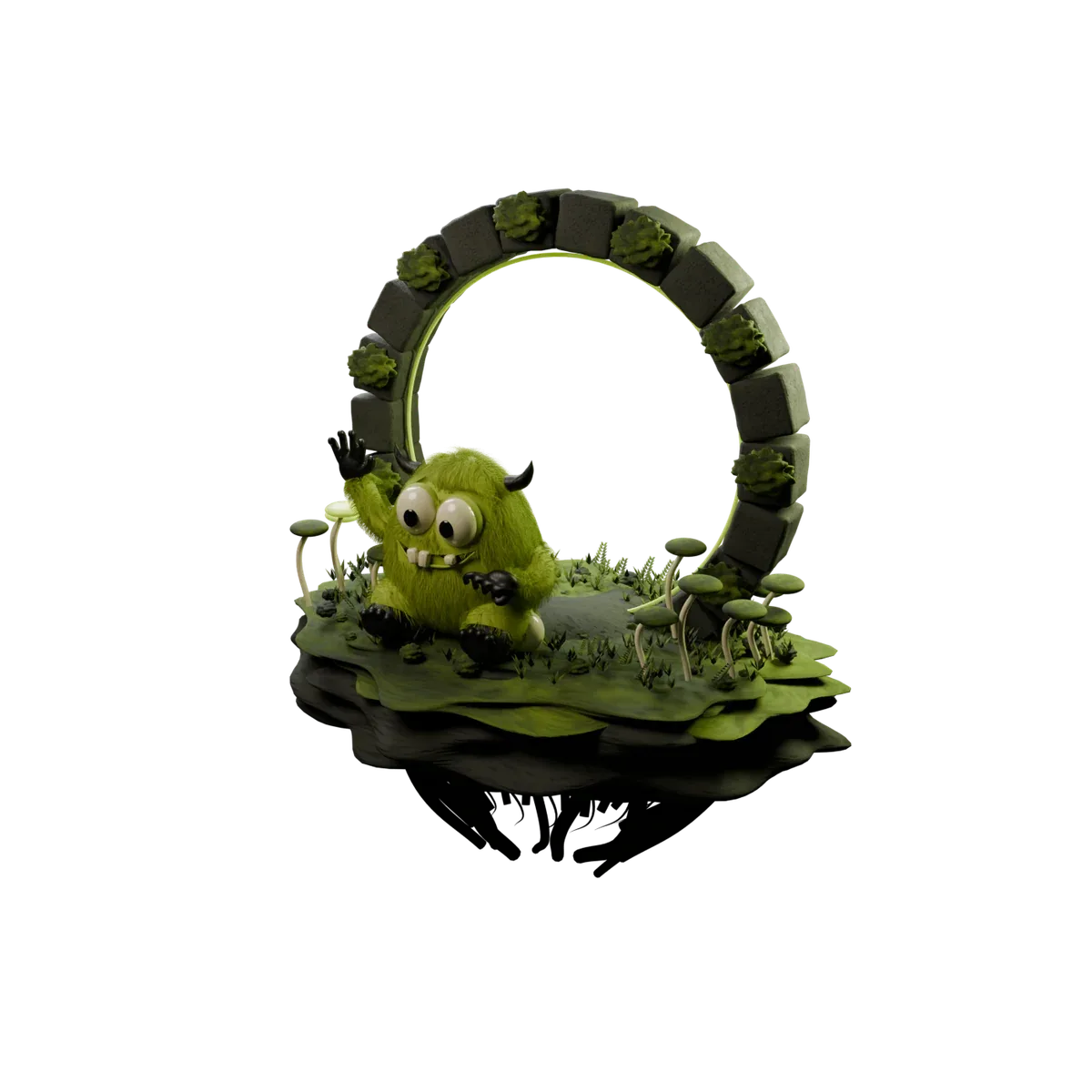 Uma cena 3D renderizada: a criatura verde peluda acenando numa ilha de musgo flutuante com cogumelos pálidos, sob um anel de blocos de pedra musgosos formando um portal.
